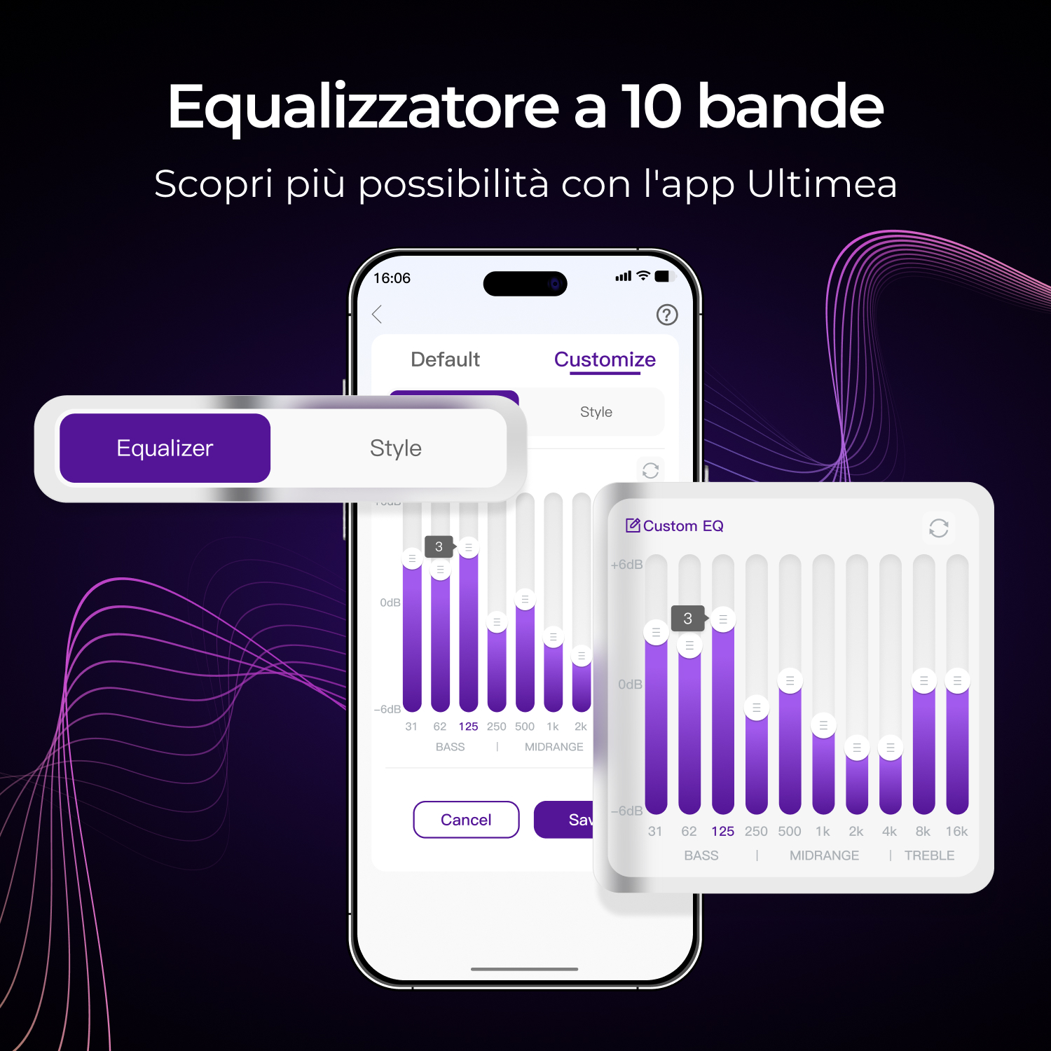 Schermo smartphone mostra impostazioni equalizzatore con grafici a barre viola e scale dB.