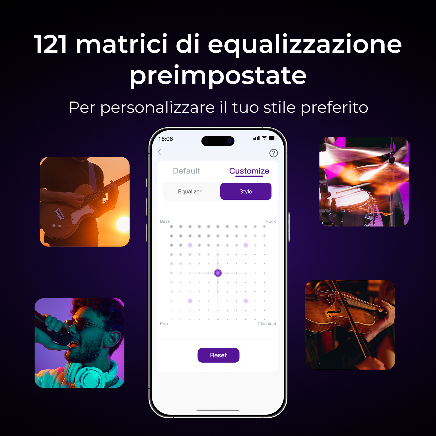 Smartphone mostra impostazioni equalizzatore con musicisti: chitarrista, cantante, batterista, violinista.