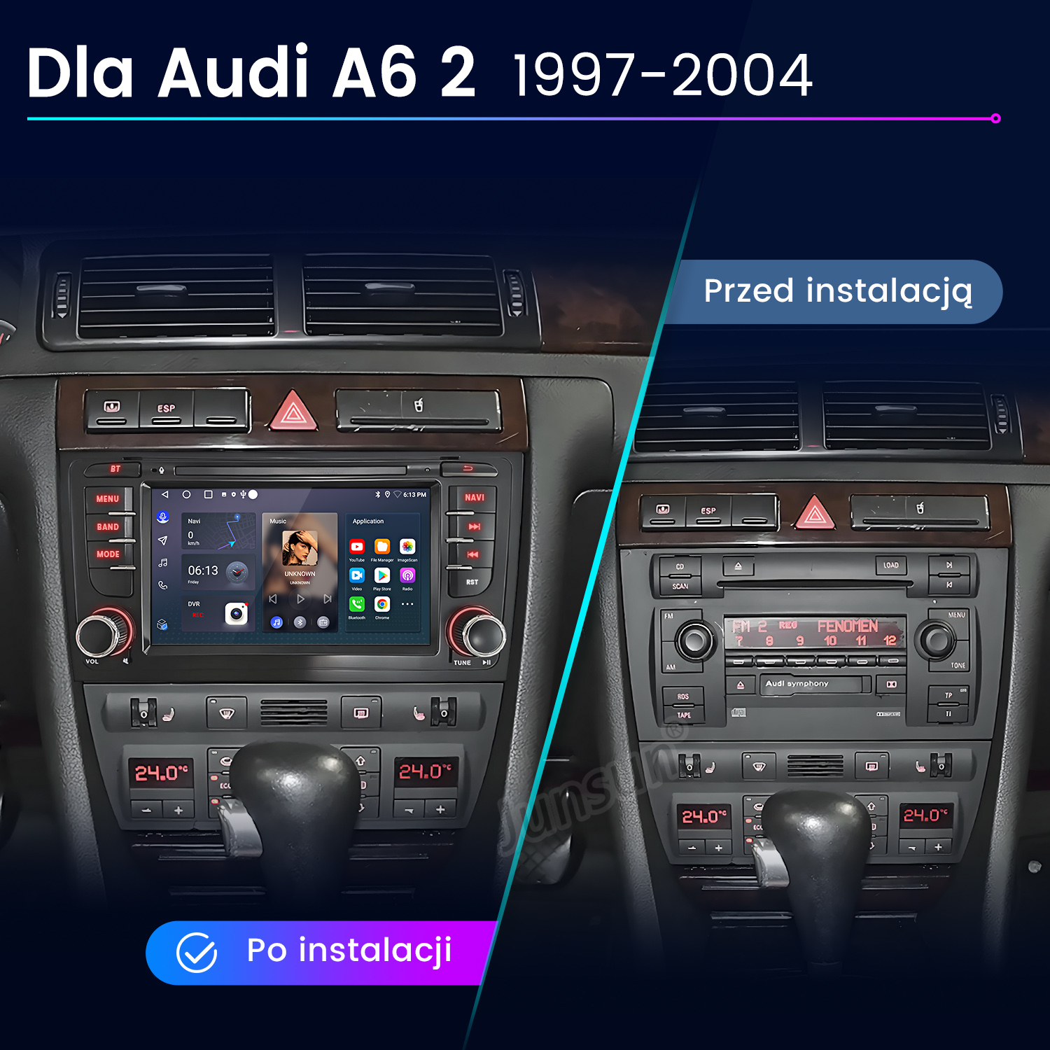 Porównanie przed/po: ulepszenie radia samochodowego Audi A6 (1997-2004) z ekranem dotykowym.