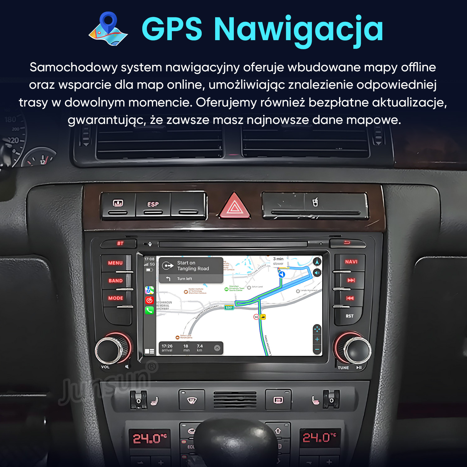 Deska rozdzielcza samochodu z ekranem nawigacji GPS pokazującym trasę.