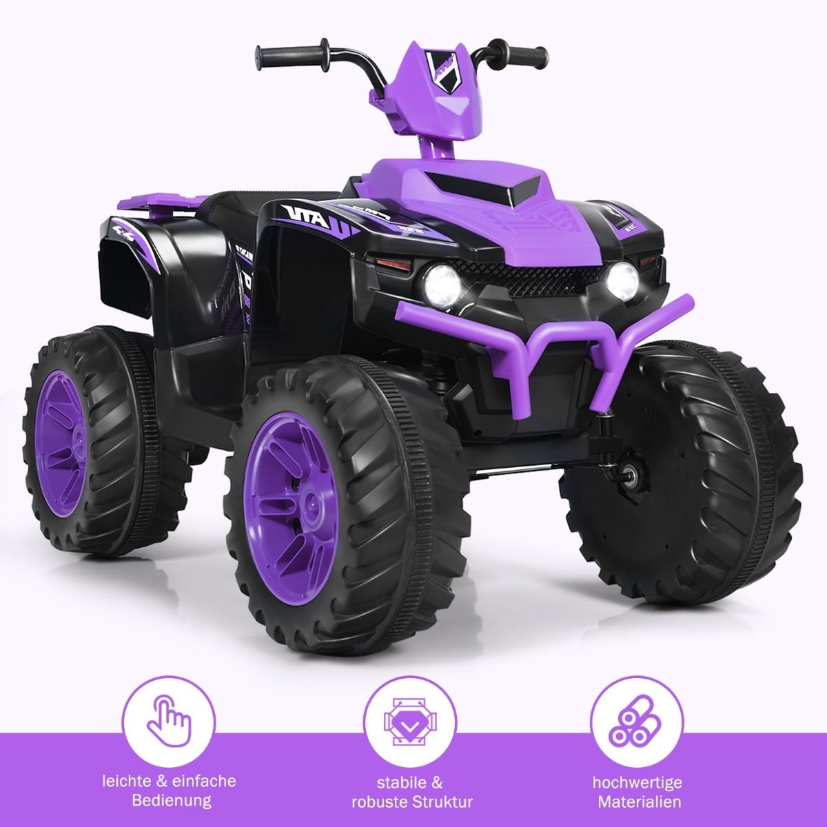 Un quad eléctrico infantil lila y negro con ruedas grandes y faros.