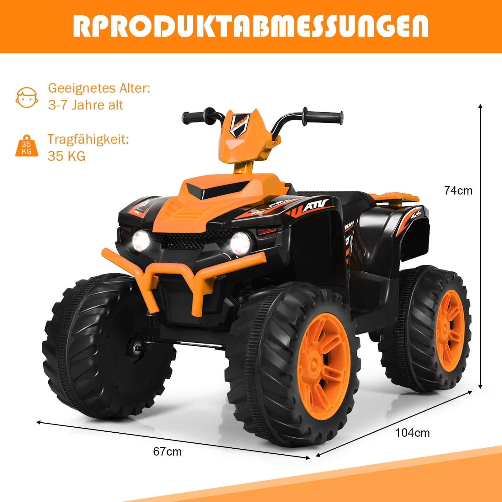Un ATV infantil naranja y negro con dimensiones: 67cm, 104cm, 74cm.