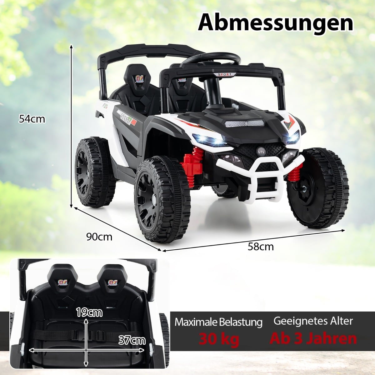 Un UTV infantil blanco con amortiguadores rojos, se muestran dimensiones.