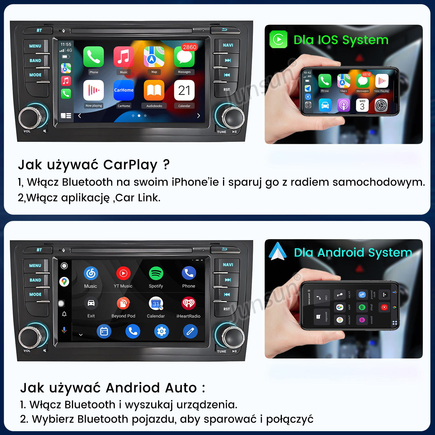 CarPlay i Android Auto na ekranach samochodowych z ikonami aplikacji.