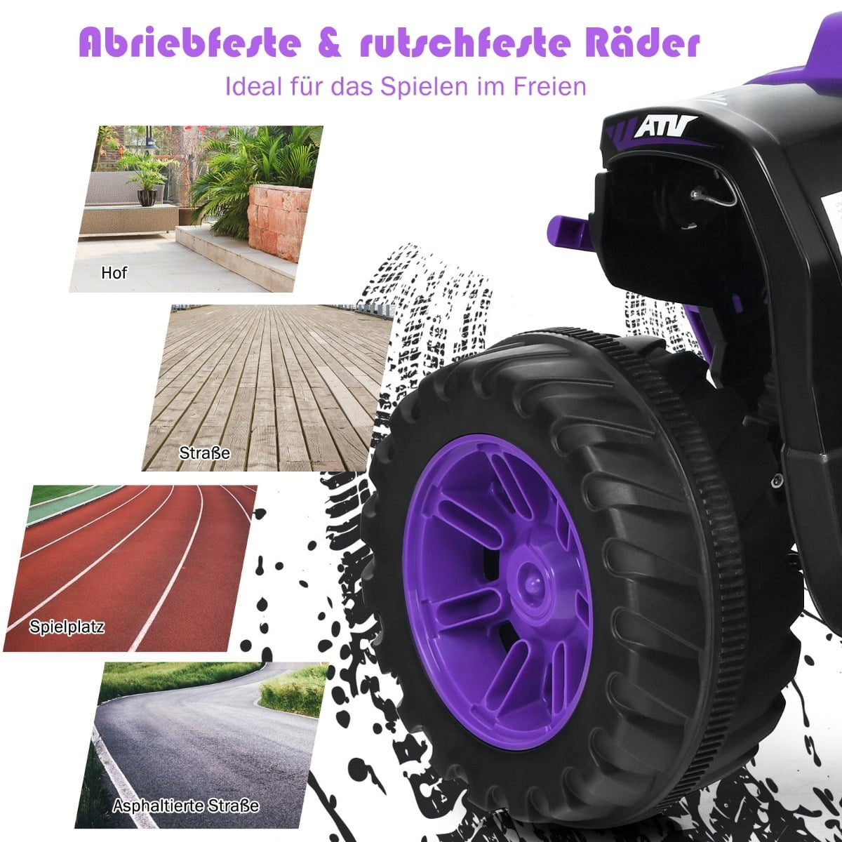 ATV infantil morado y negro con llantas moradas. Imágenes de patio, tarima, pista, carretera.