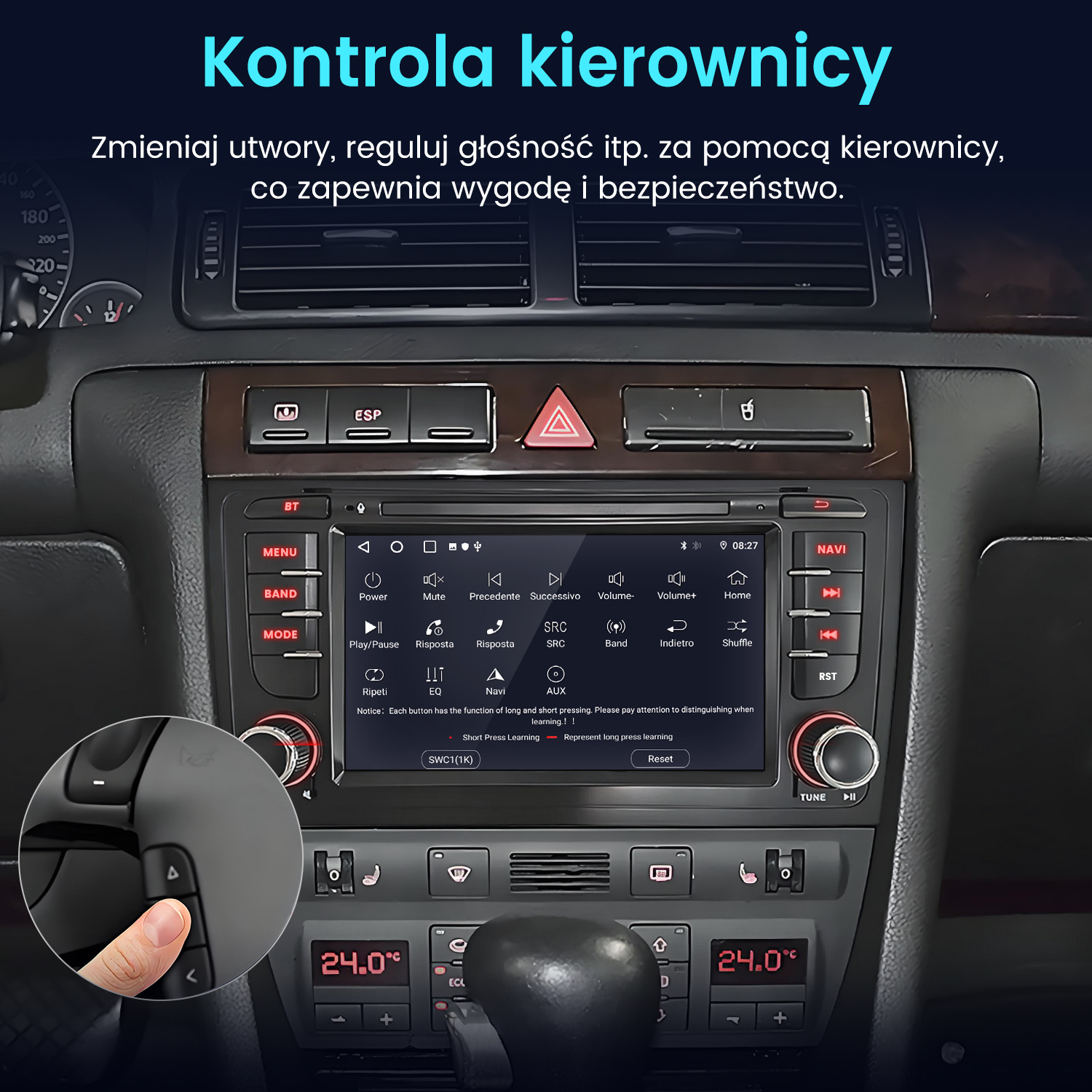 Sterowanie z kierownicy: Palec naciska przycisk na kierownicy.