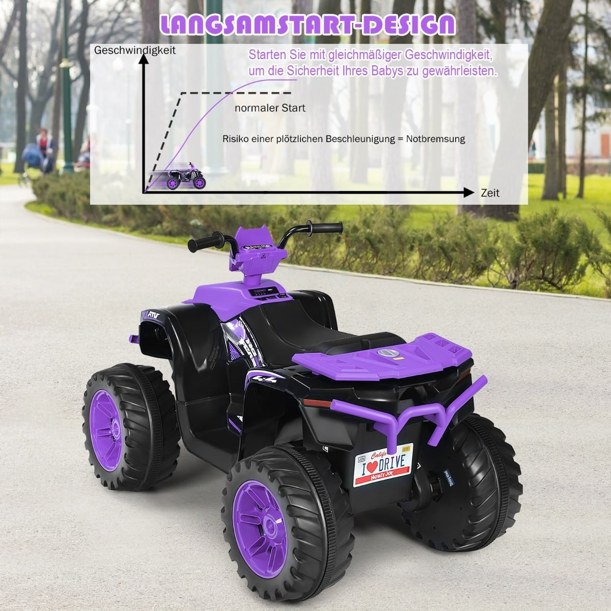 Un ATV infantil morado y negro está en una carretera. Arriba hay un gráfico.