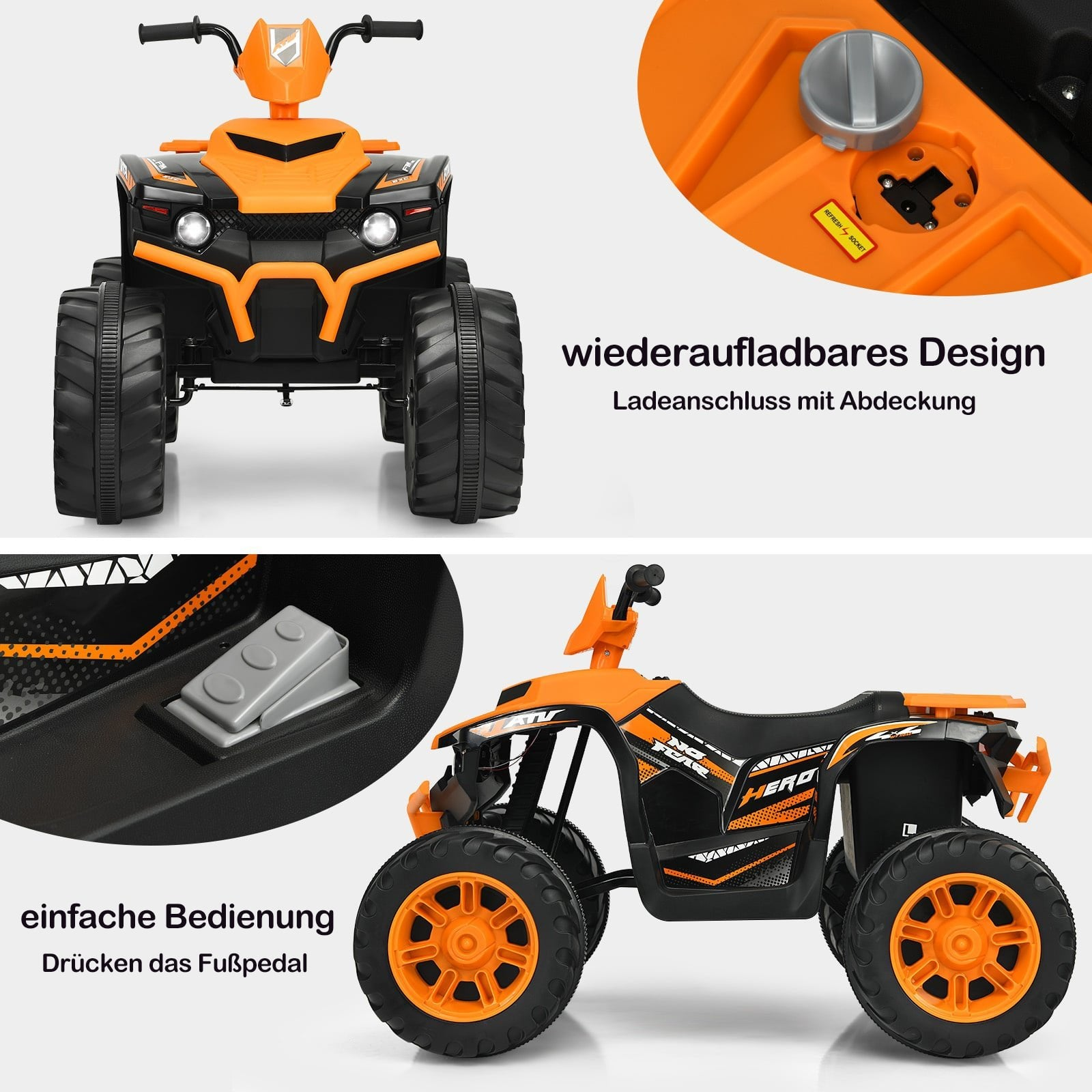 Un quad infantil naranja y negro con ruedas grandes y manillar.