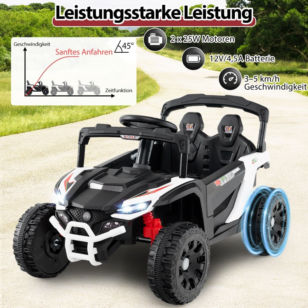 Un buggy eléctrico infantil blanco y negro con dos asientos en una carretera.