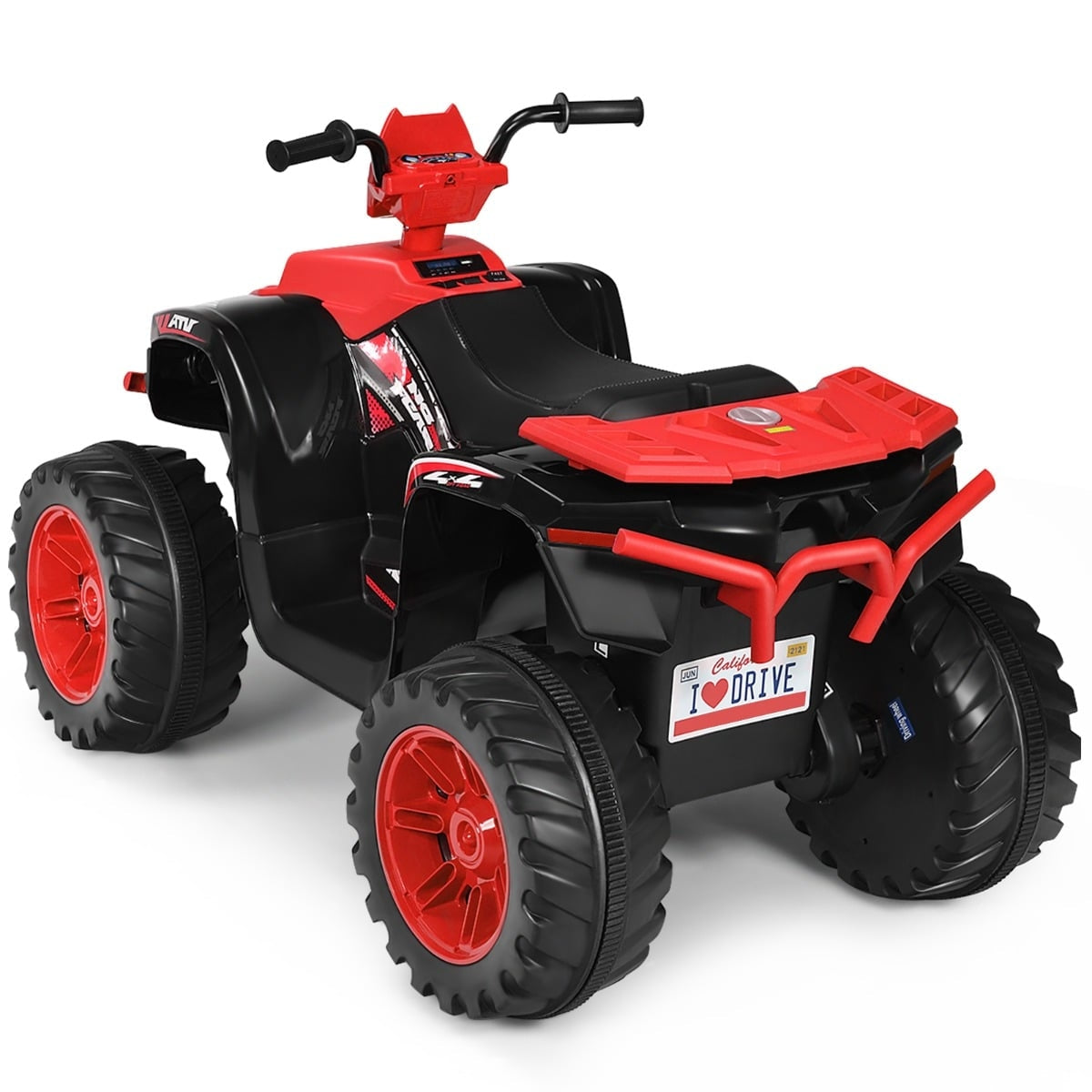 Un ATV infantil negro y rojo con ruedas grandes y manillar.