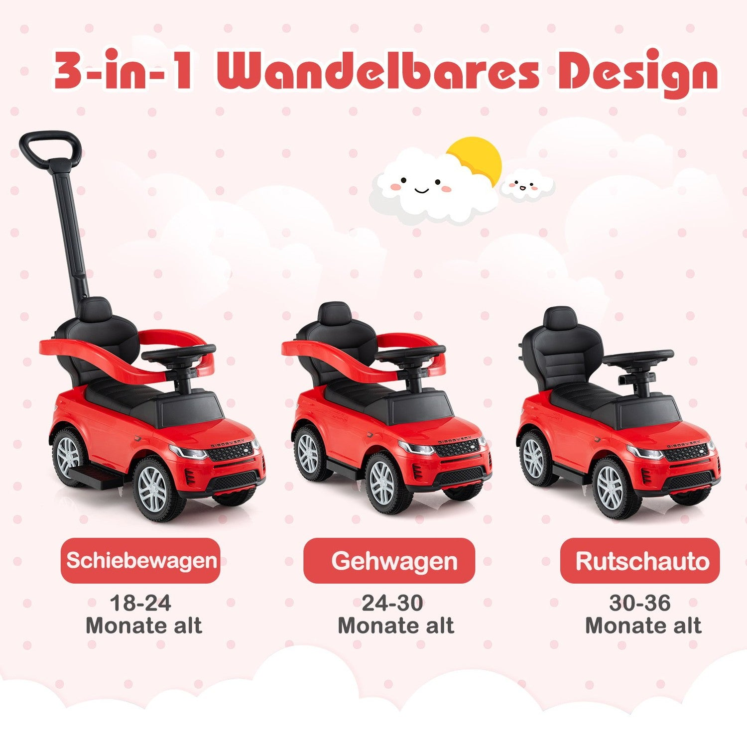 Coches infantiles rojos 3 en 1: de empuje, andador, correpasillos, con nubes y sol.