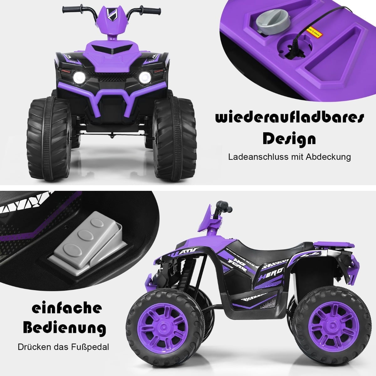 ATV infantil morado con detalles negros y ruedas grandes. Muestra puerto de carga y pedal.