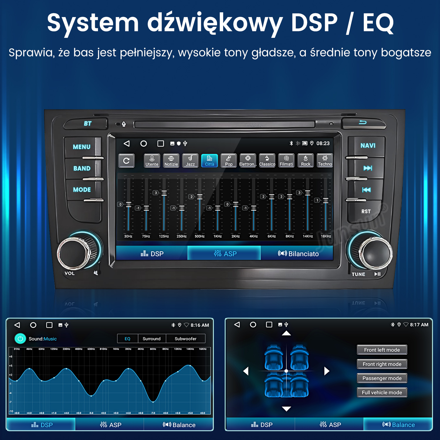 System infotainmentu samochodu pokazujący ustawienia DSP/EQ i tryby audio.