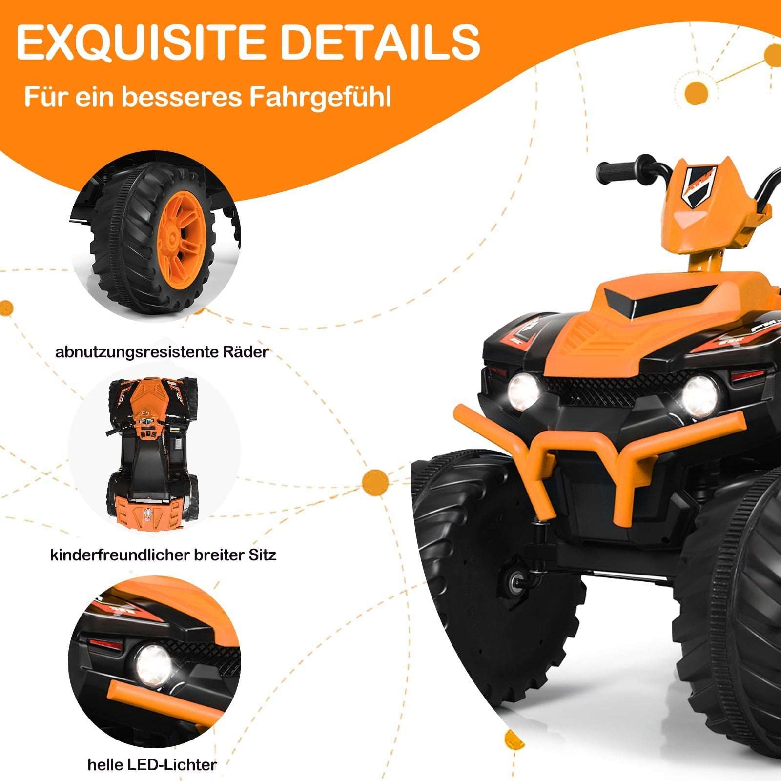 Quad infantil naranja y negro con luces LED y asiento ancho.