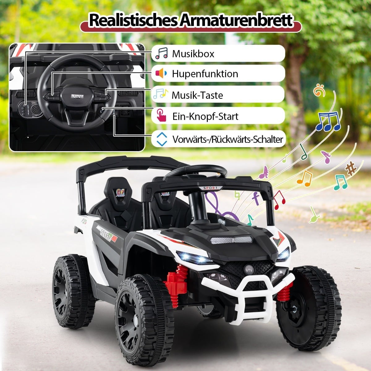 Un UTV infantil blanco y negro con salpicadero realista y notas musicales.