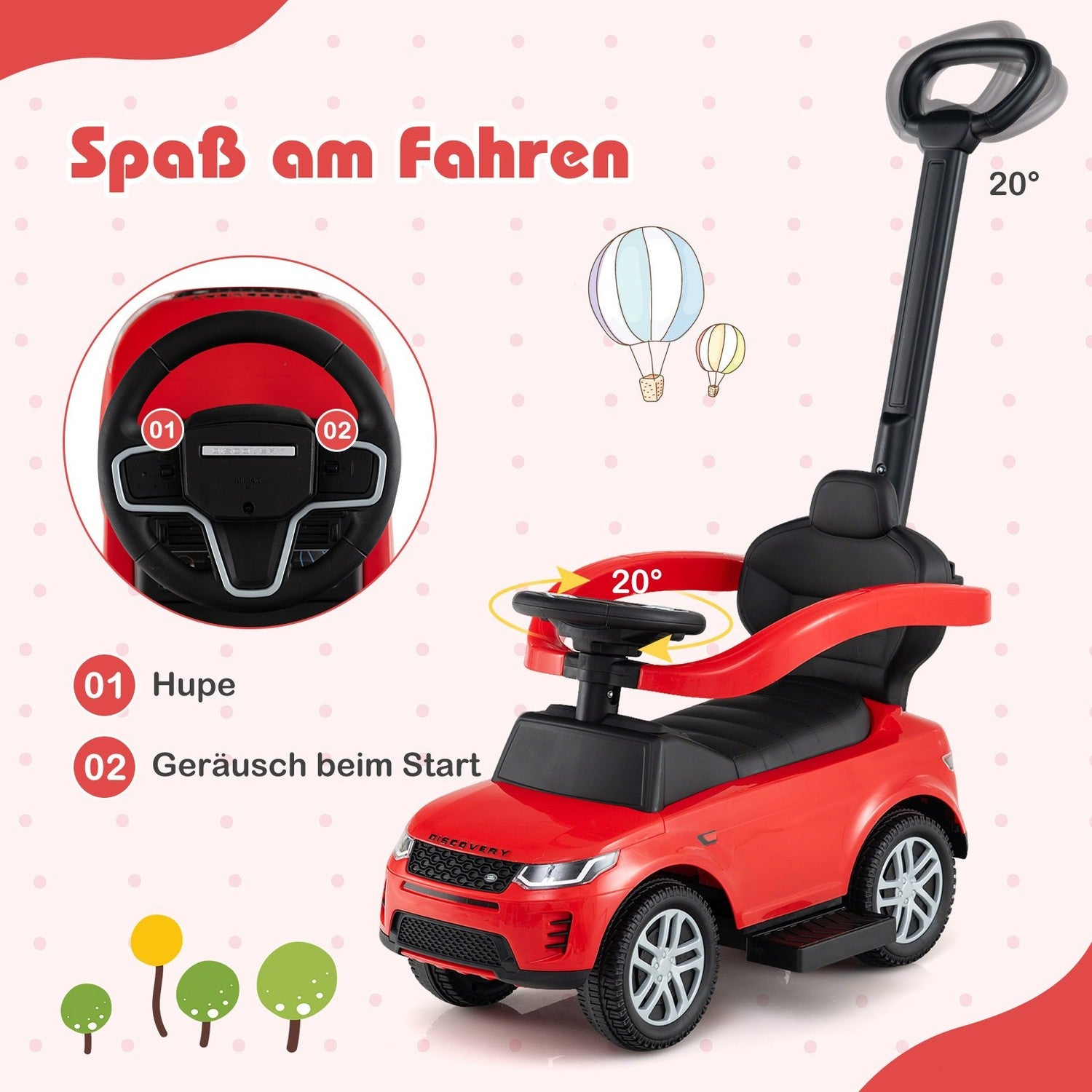 Cochecito rojo para niños con barra de empuje, volante y bocina.