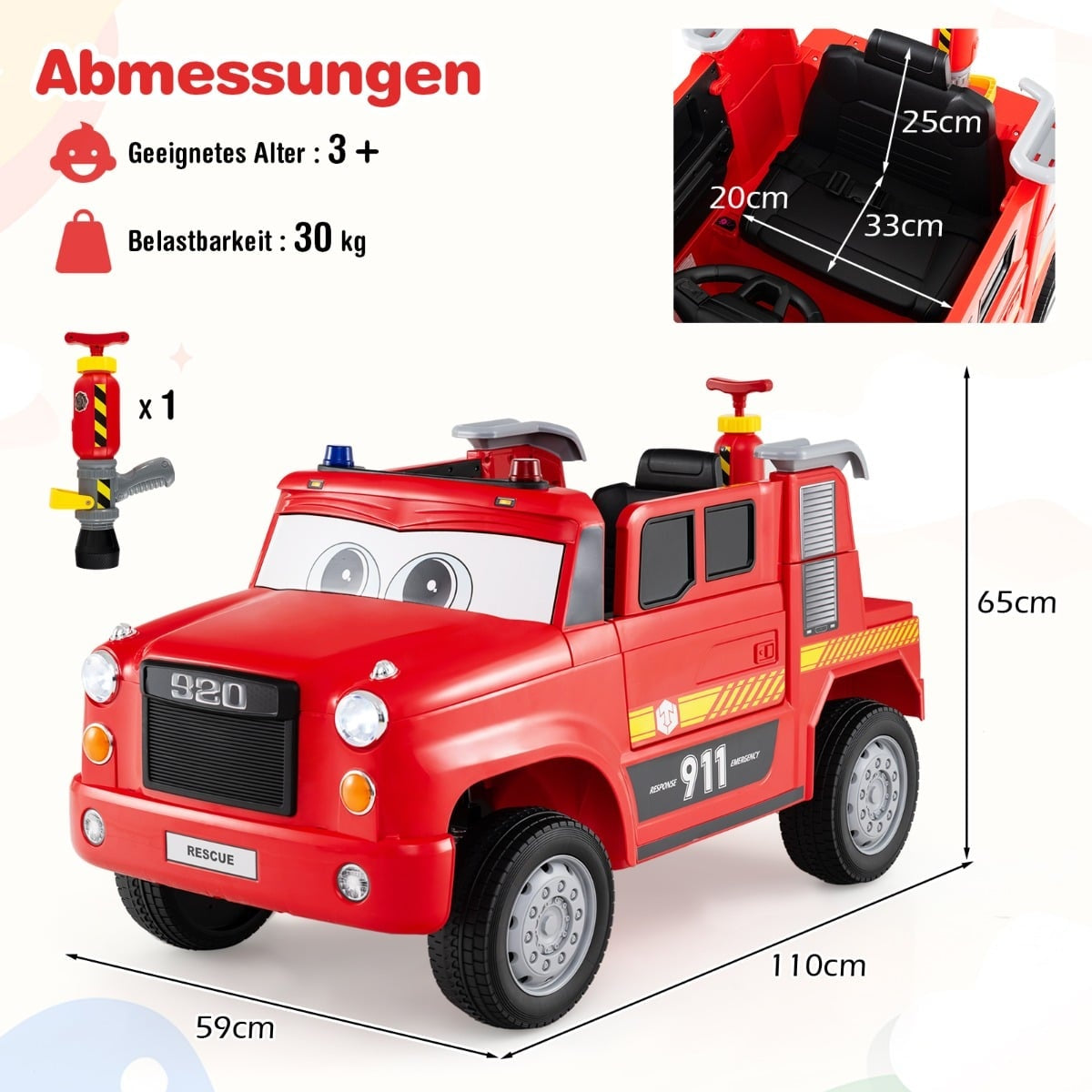 Camión de bomberos de juguete rojo con dimensiones, edad 3+, 30 kg de carga.