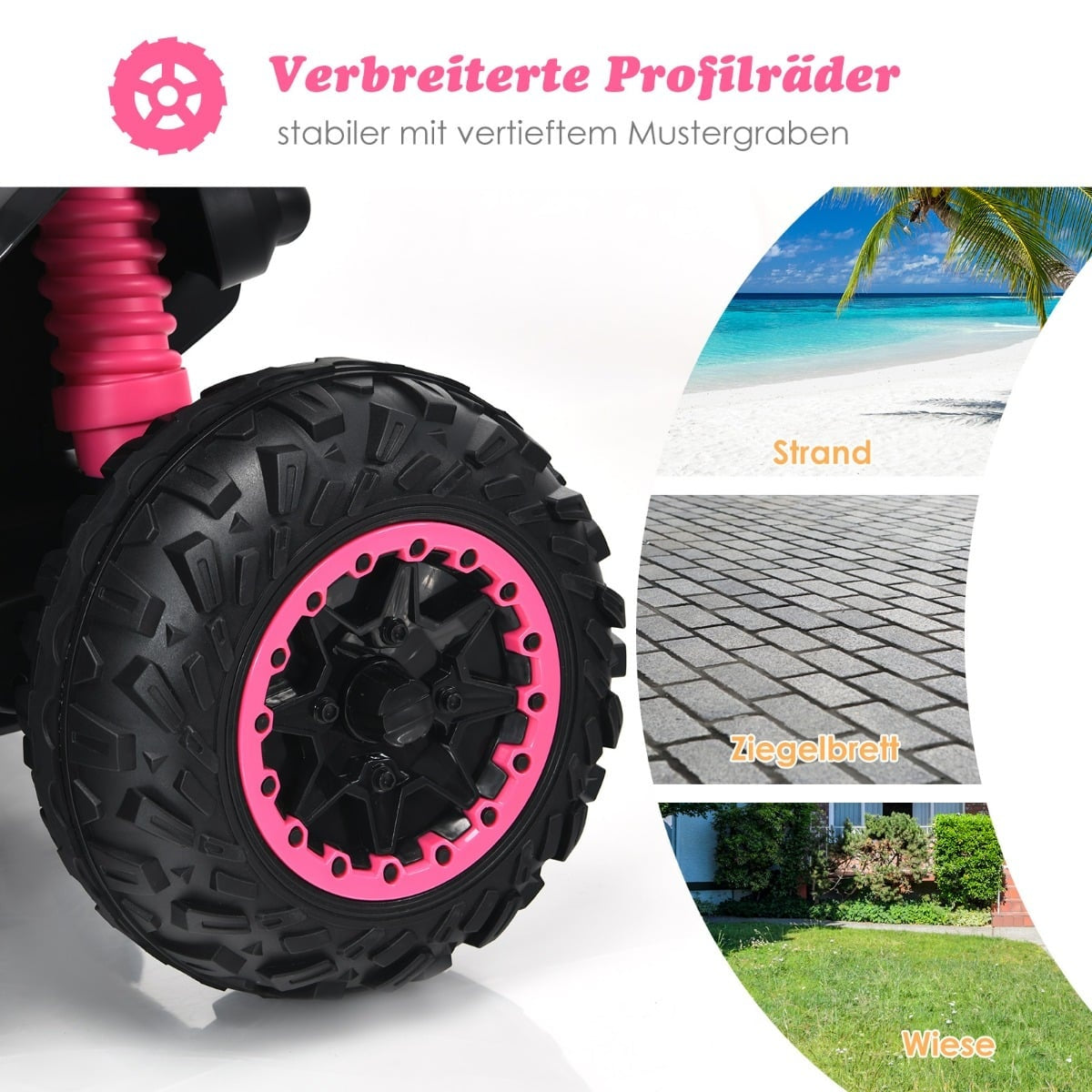 Neumático ancho con borde rosa, junto a imágenes de playa, adoquines y césped.