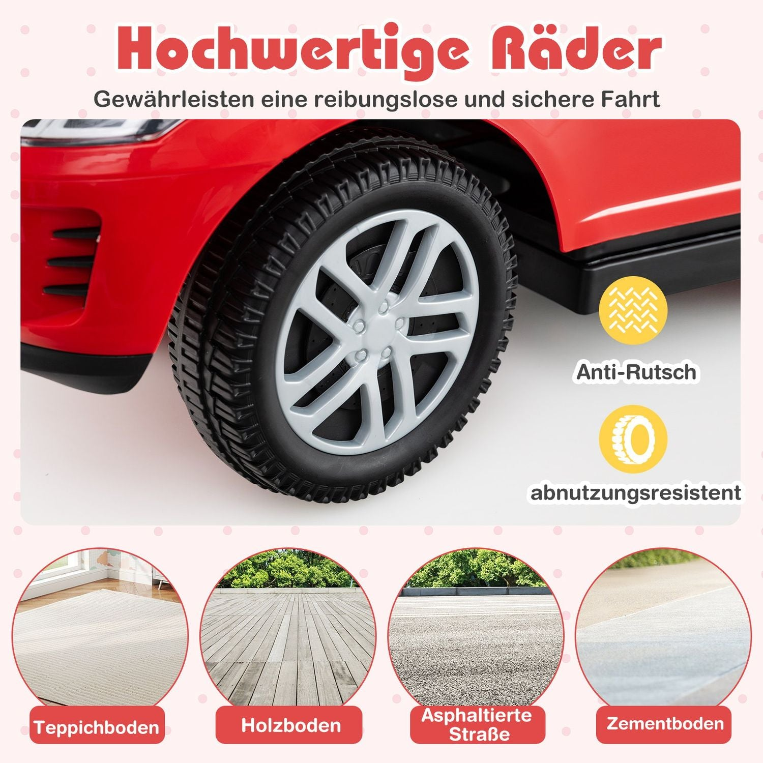 Coche de juguete rojo con primeros planos de neumáticos y varias superficies.