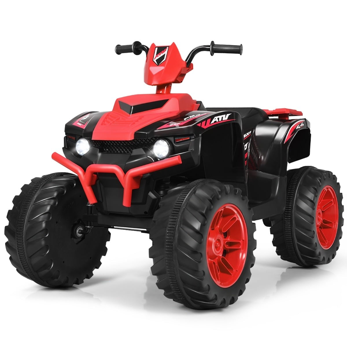 Un ATV eléctrico rojo y negro con neumáticos grandes y faros.