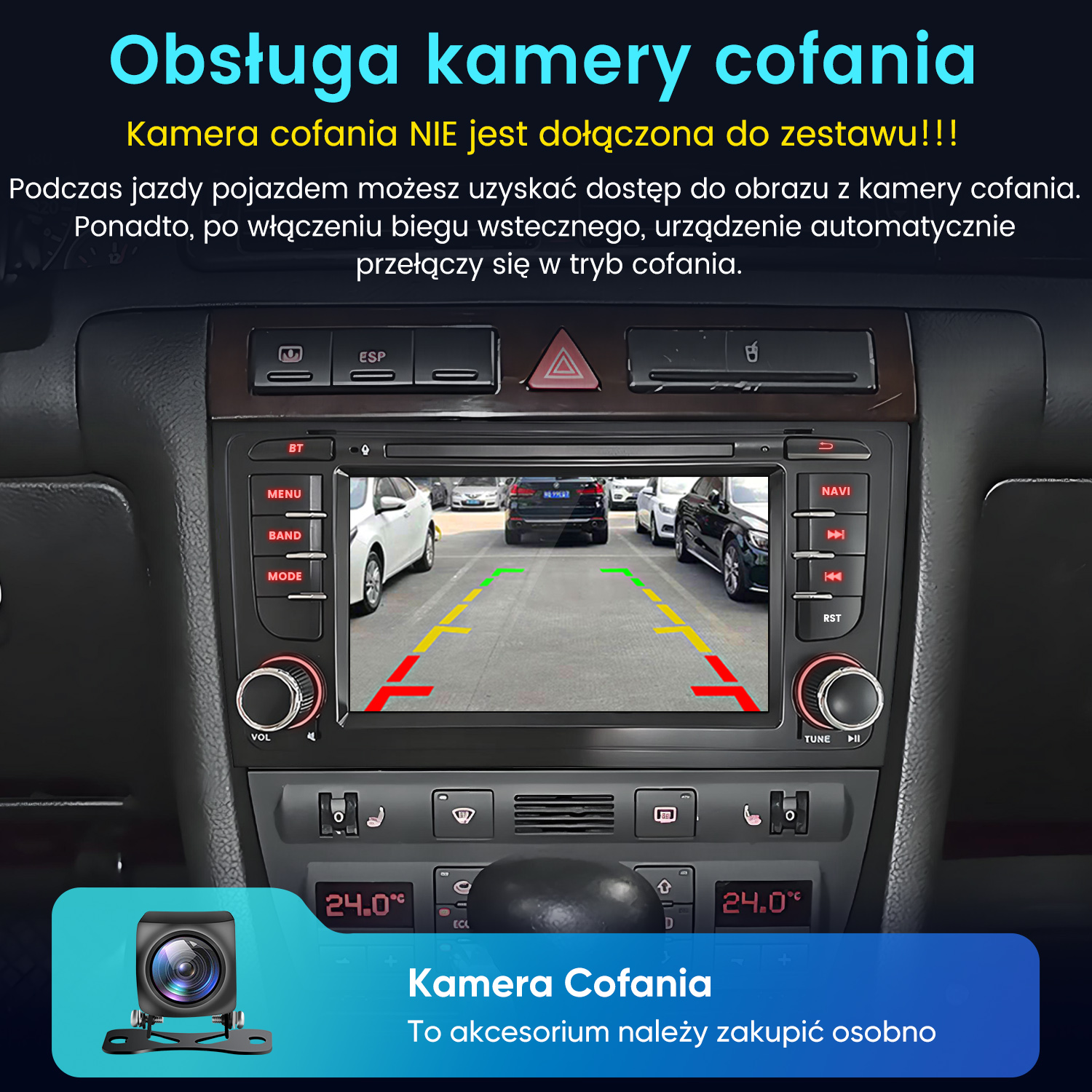 System multimedialny samochodu z widokiem z kamery cofania i osobną kamerą.