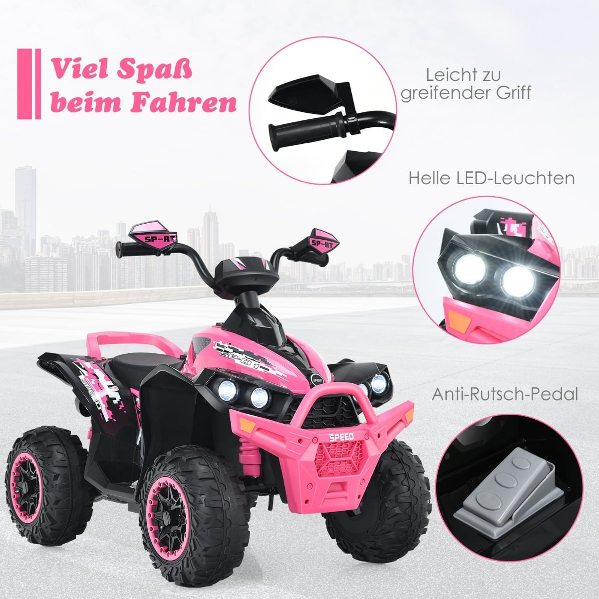 Un quad infantil rosa con luces LED, espejos y manillar.