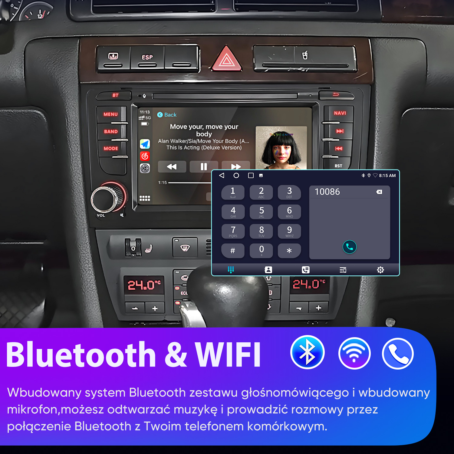 Wnętrze samochodu z systemem infotainment odtwarzającym muzykę i wyświetlającym klawiaturę numeryczną.