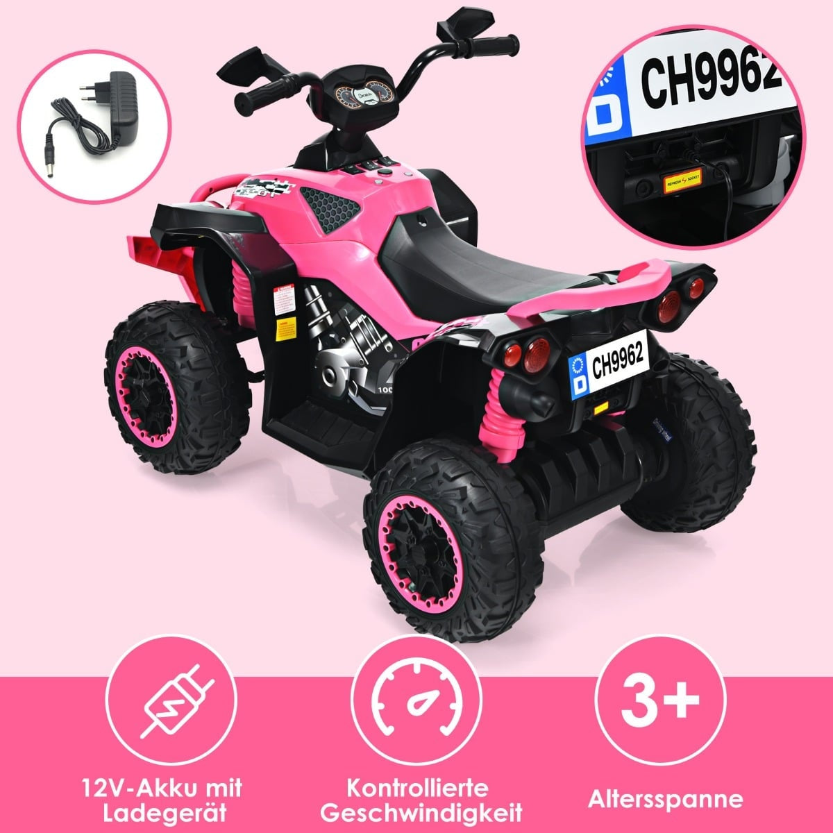 Quad infantil rosa con ruedas negras, matrícula CH9962 y cargador.