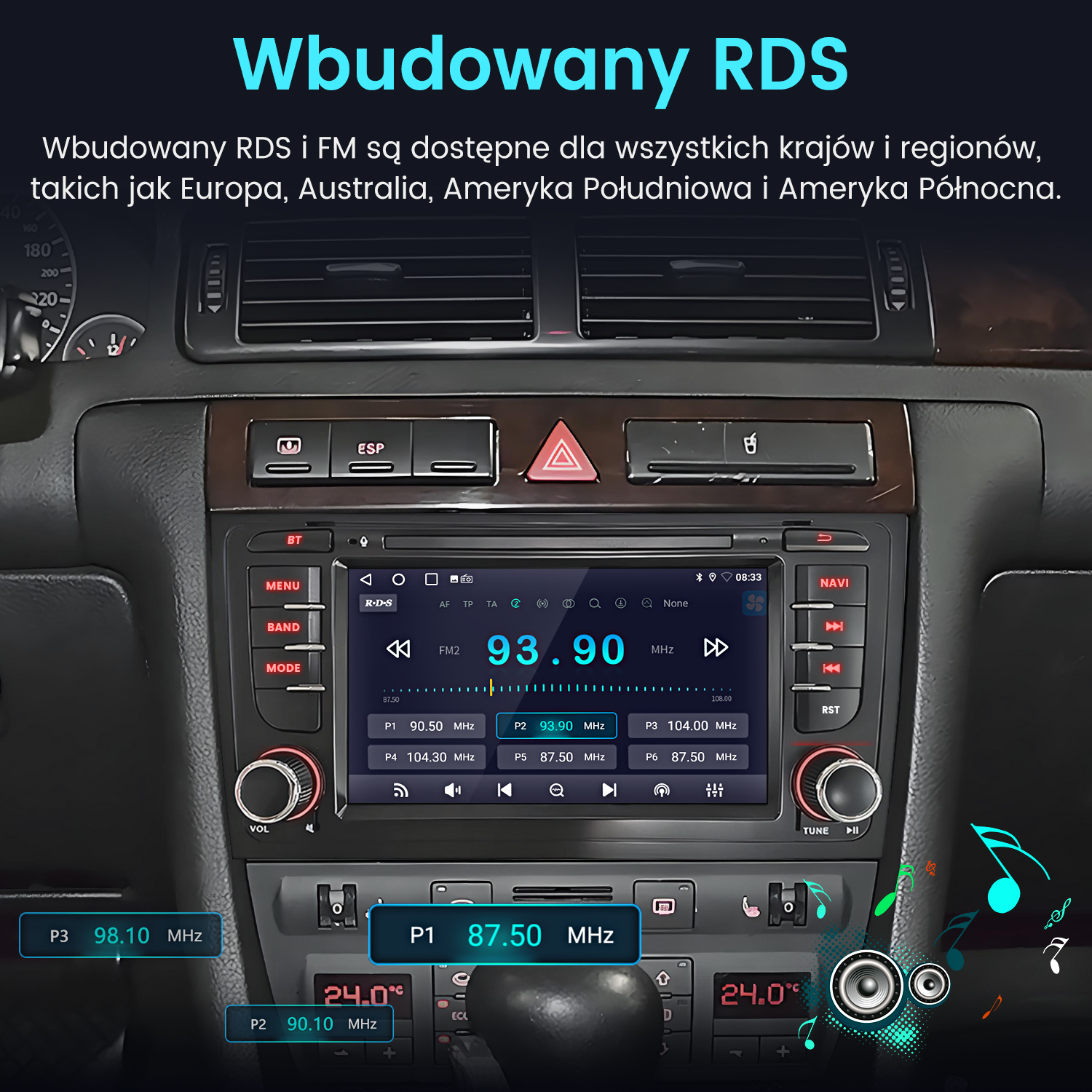 System infotainment samochodu z ekranem dotykowym wyświetla częstotliwości radiowe i godzinę.