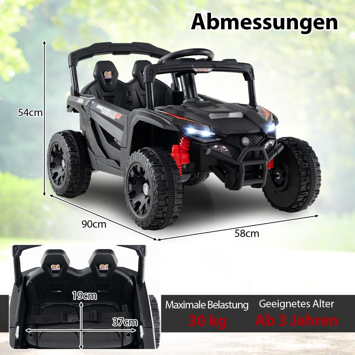 UTV infantil negro con acentos rojos, dimensiones indicadas.