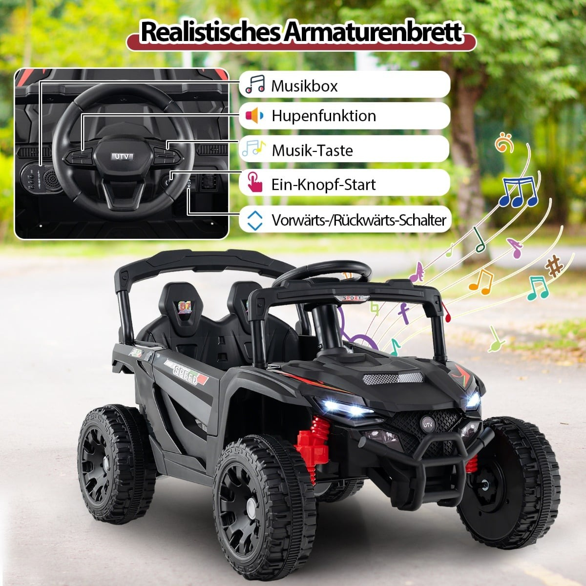 Coche eléctrico negro para niños estilo UTV con detalles de salpicadero realistas y notas musicales.