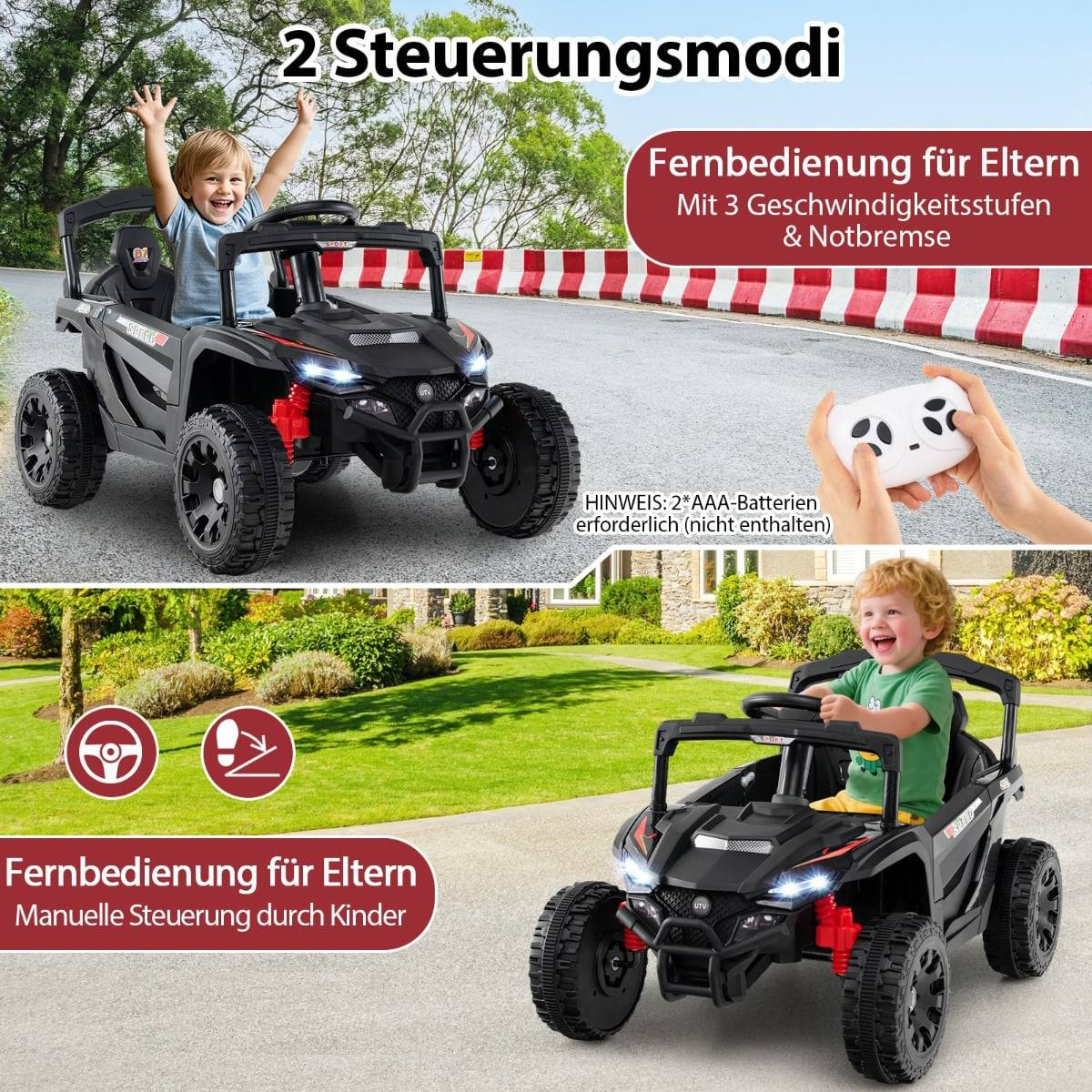 Un niño conduce un coche eléctrico negro, controlable por padres o niños.