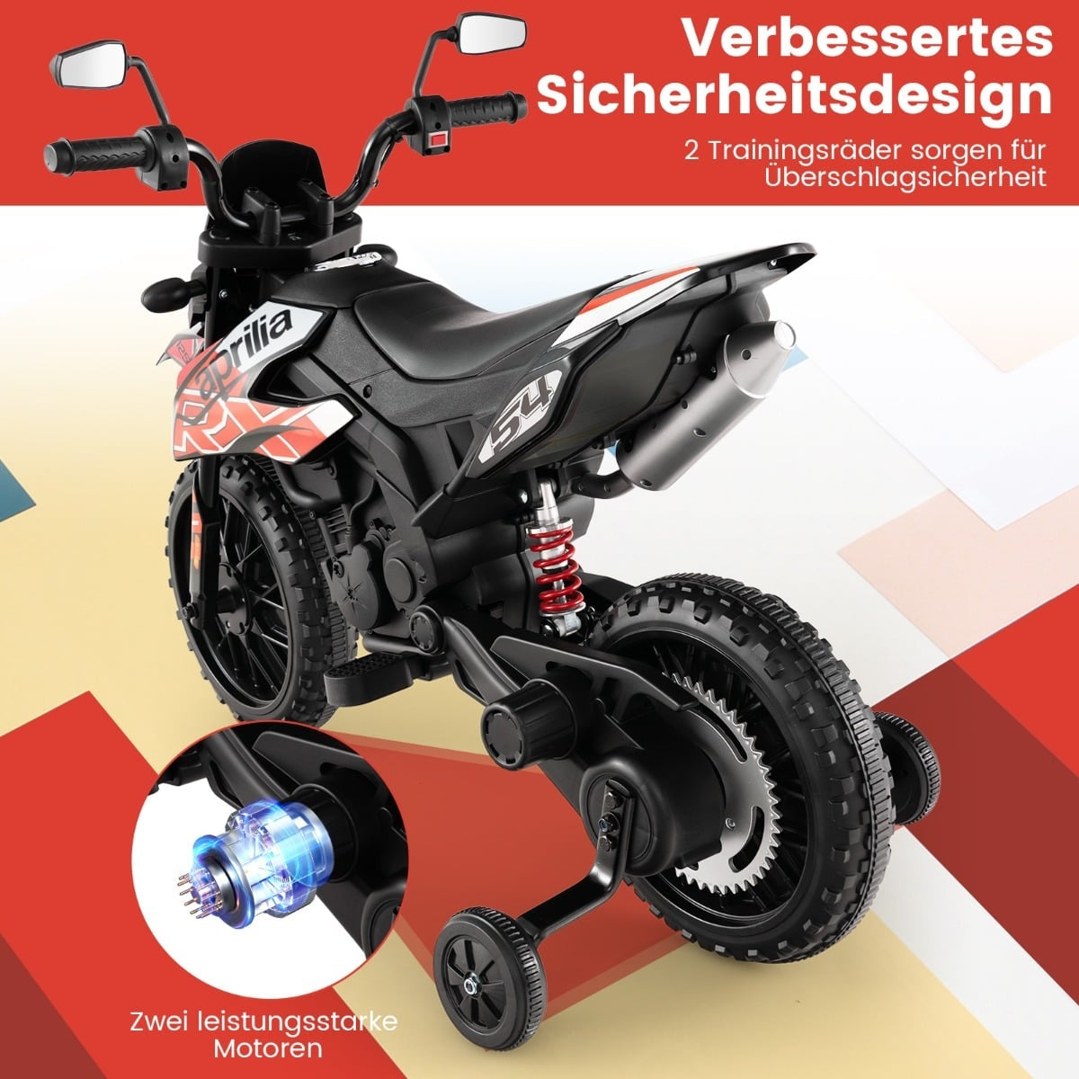 Una motocicleta negra para niños con detalles azules y ruedas de entrenamiento.
