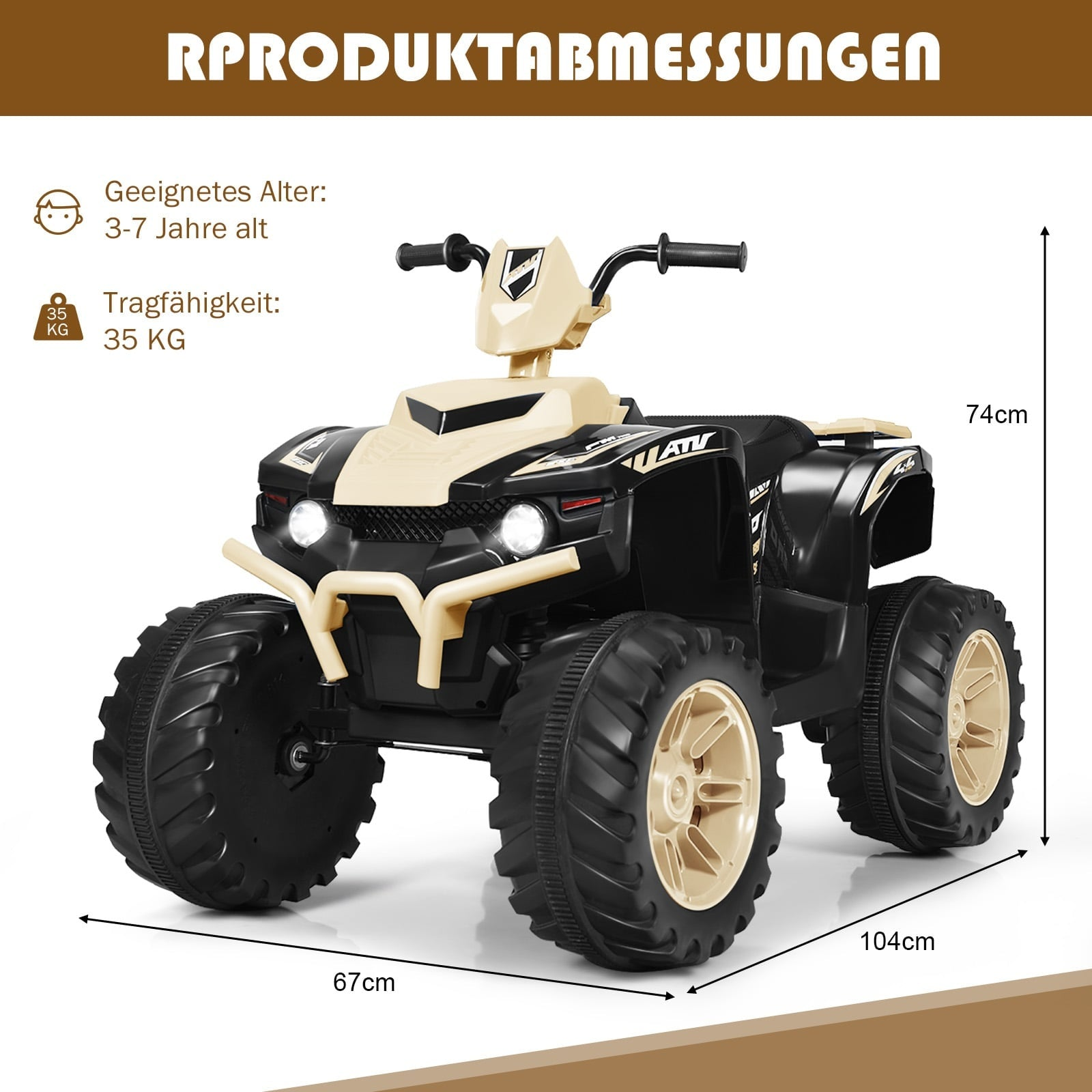 Un quad infantil negro y beige con ruedas grandes y faros.