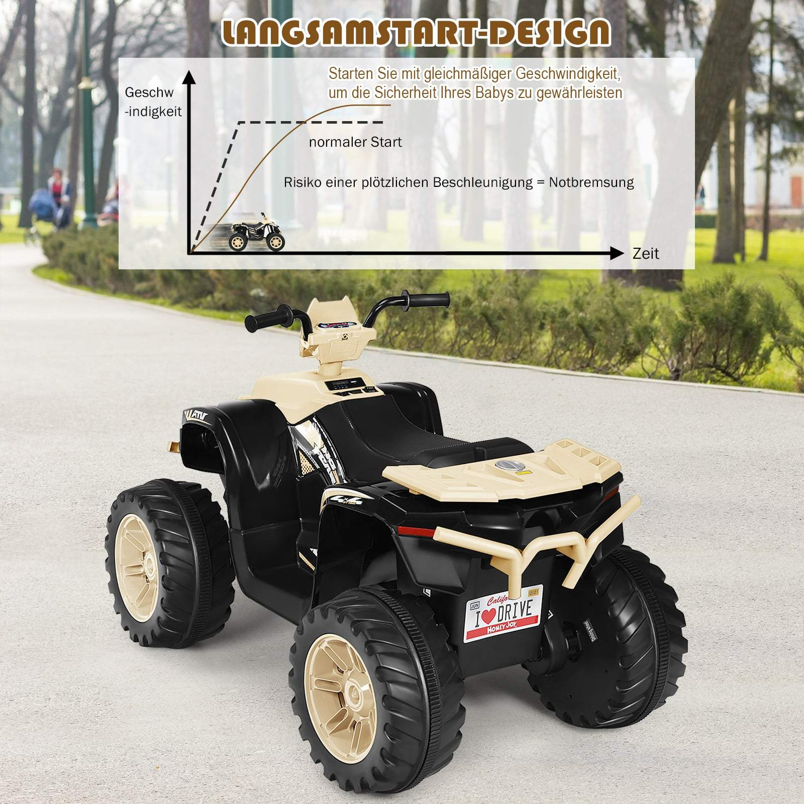 Un ATV infantil negro y beige con un gráfico que muestra aceleración lenta.
