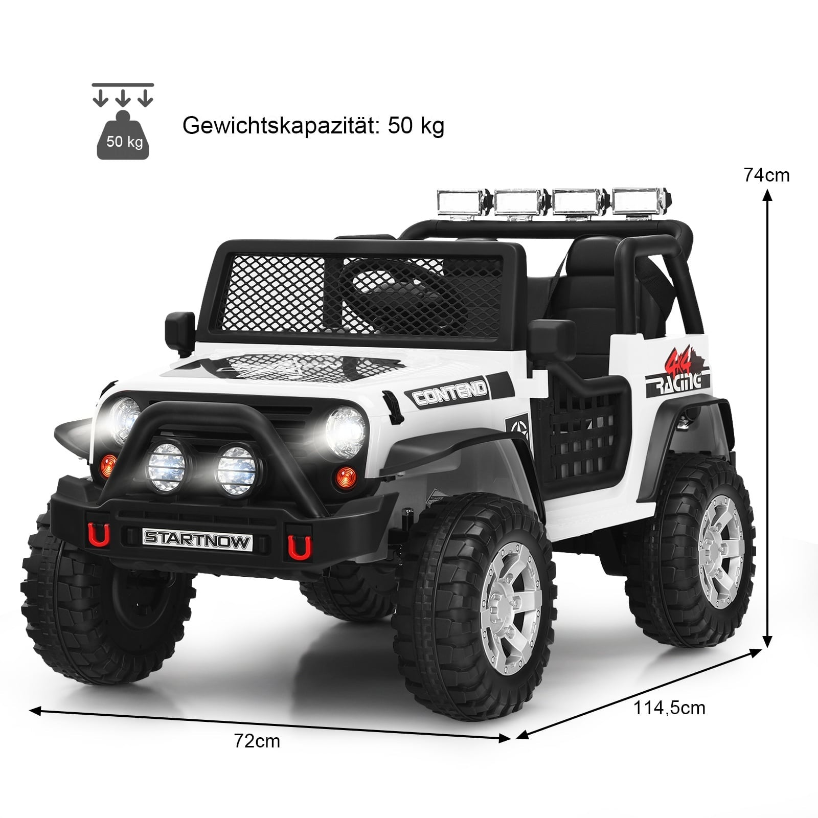 Un jeep eléctrico de juguete blanco con detalles negros, neumáticos grandes y faros.