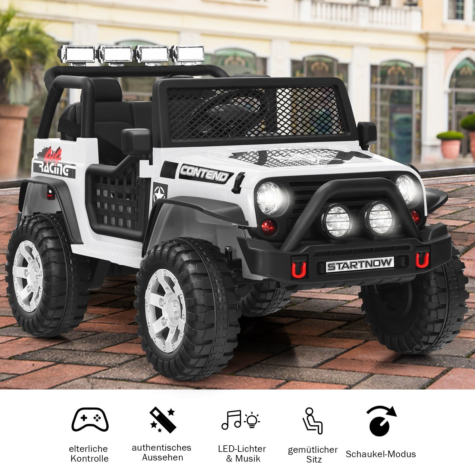 Un jeep de juguete blanco para niños con detalles negros está afuera.