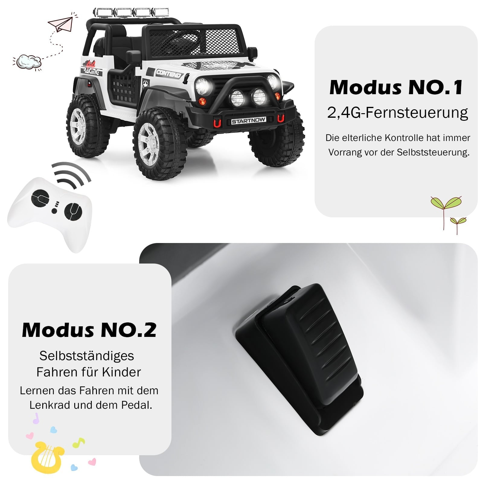 Coche infantil blanco con mando y pedal. Modo padres y modo niños.