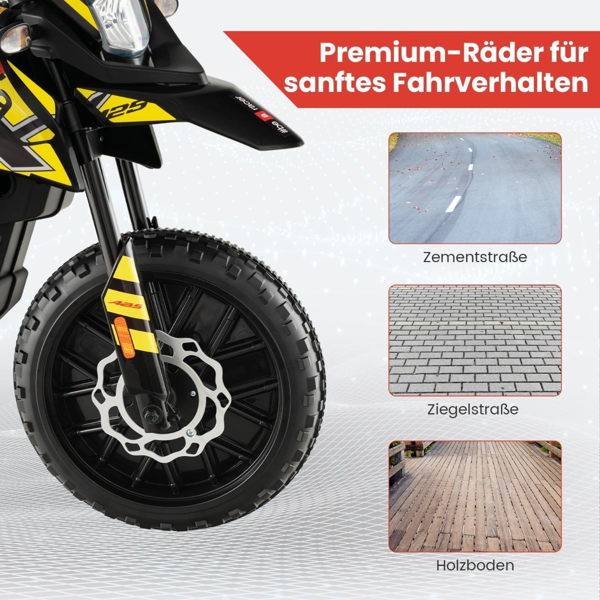 Motocicleta amarilla y negra con varias superficies. Ruedas premium para una conducción suave.