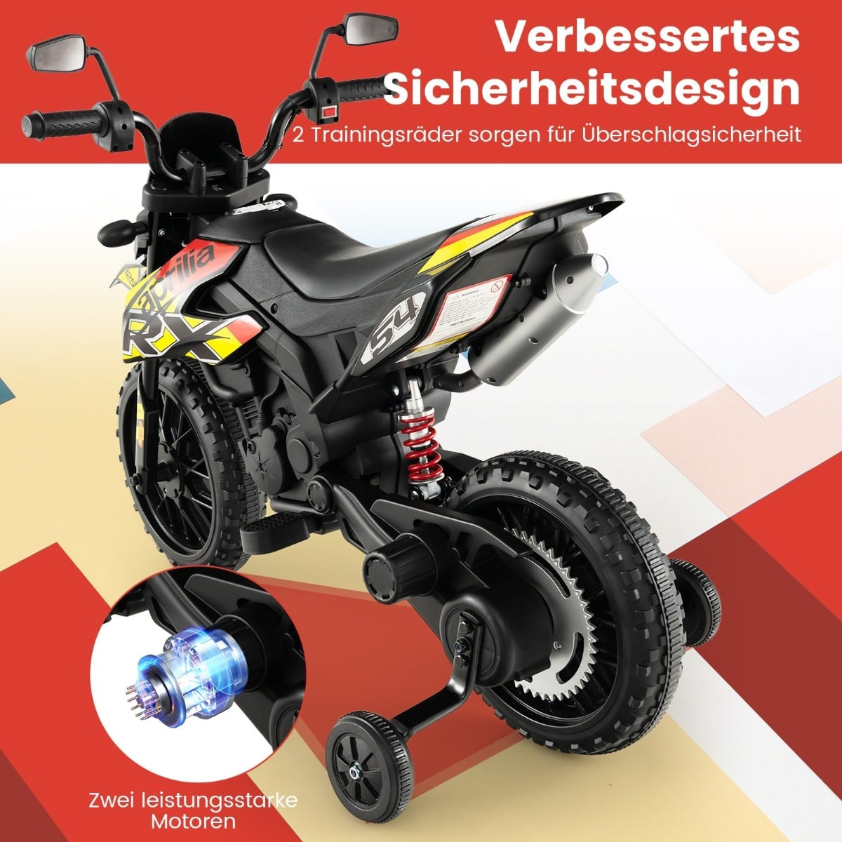 Una moto de juguete negra con ruedas de entrenamiento, resortes rojos y logo "Aprilia".