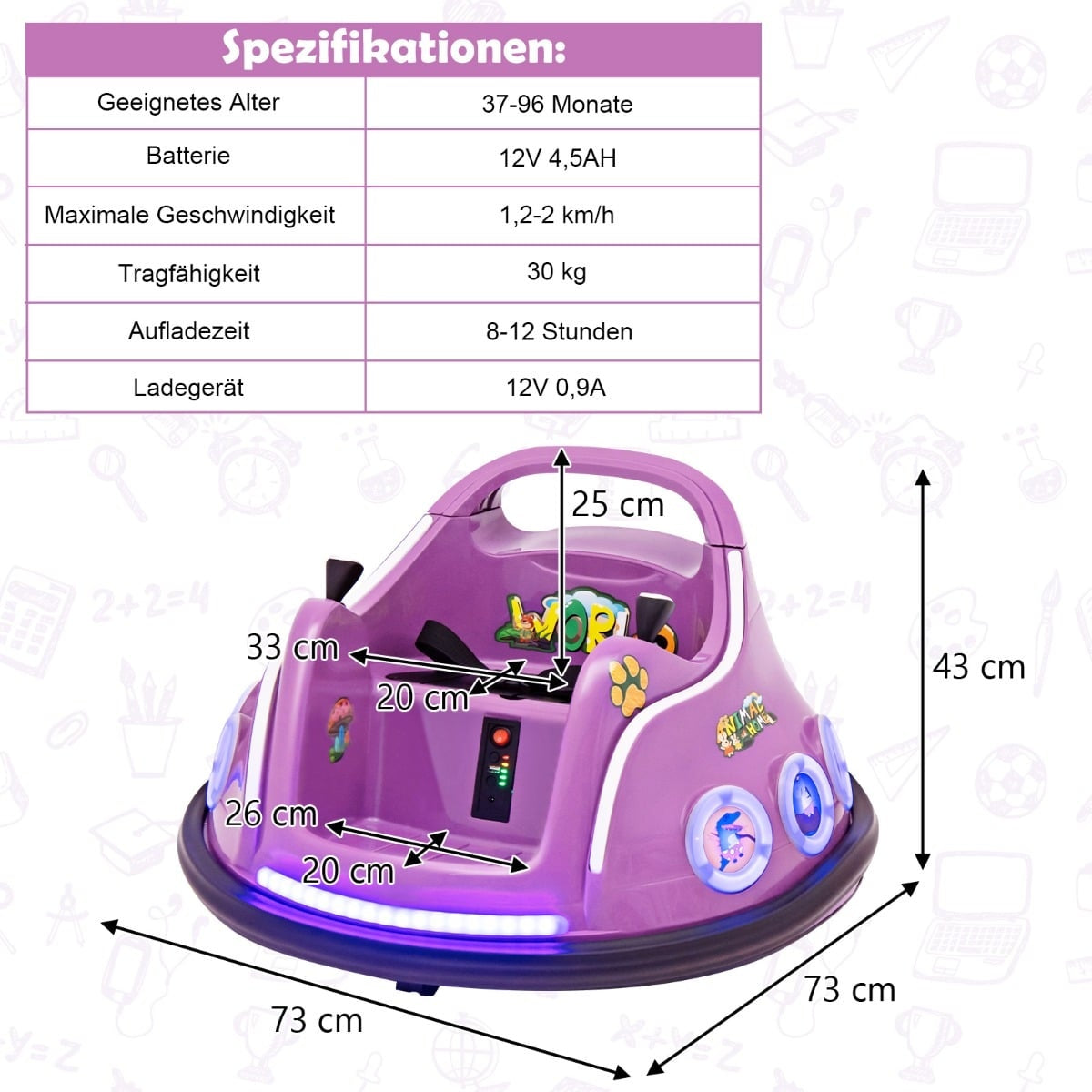 Coche infantil morado con dimensiones y especificaciones. 73x43x25 cm.