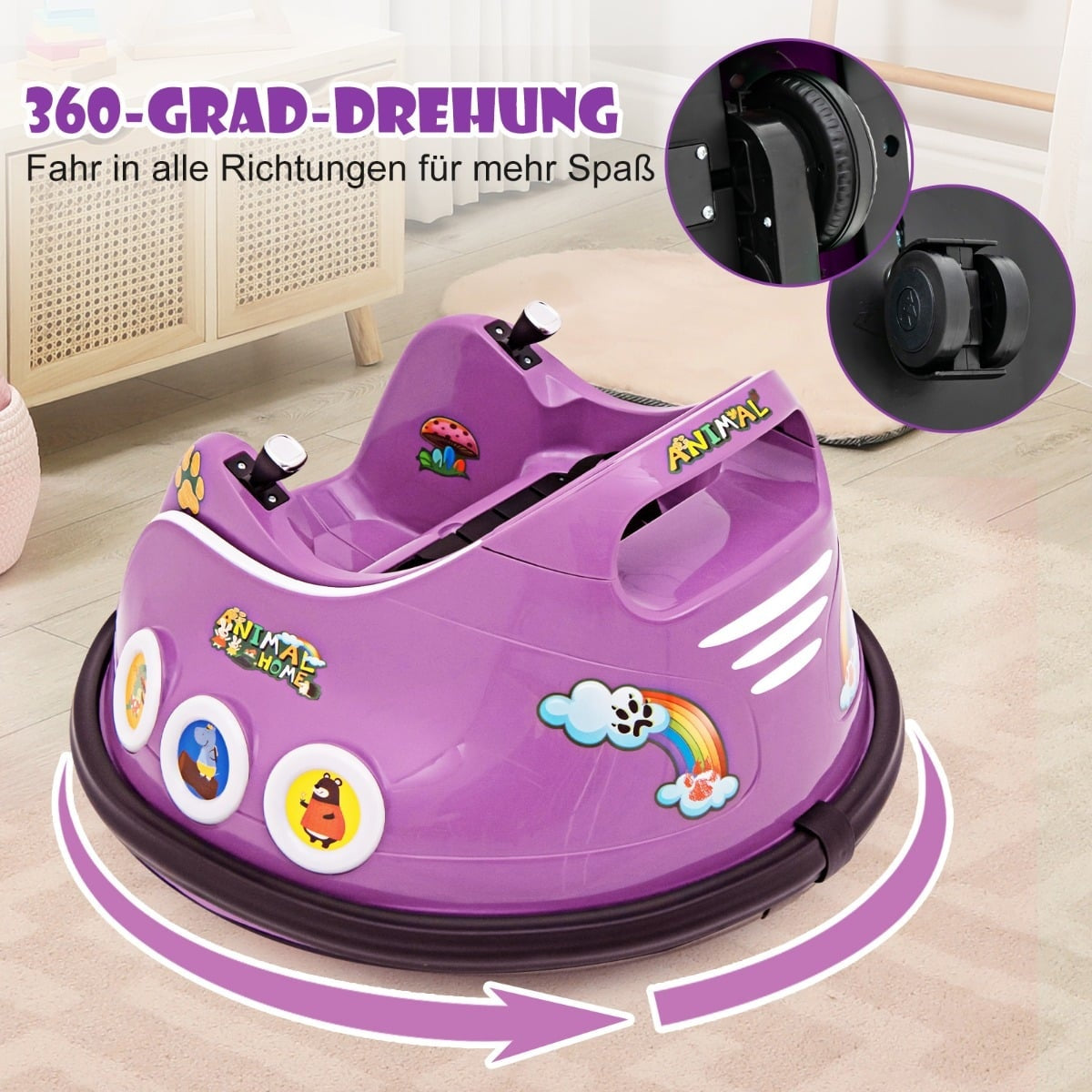 Coche de juguete morado para niños con ruedas y pegatinas, capaz de girar 360 grados.
