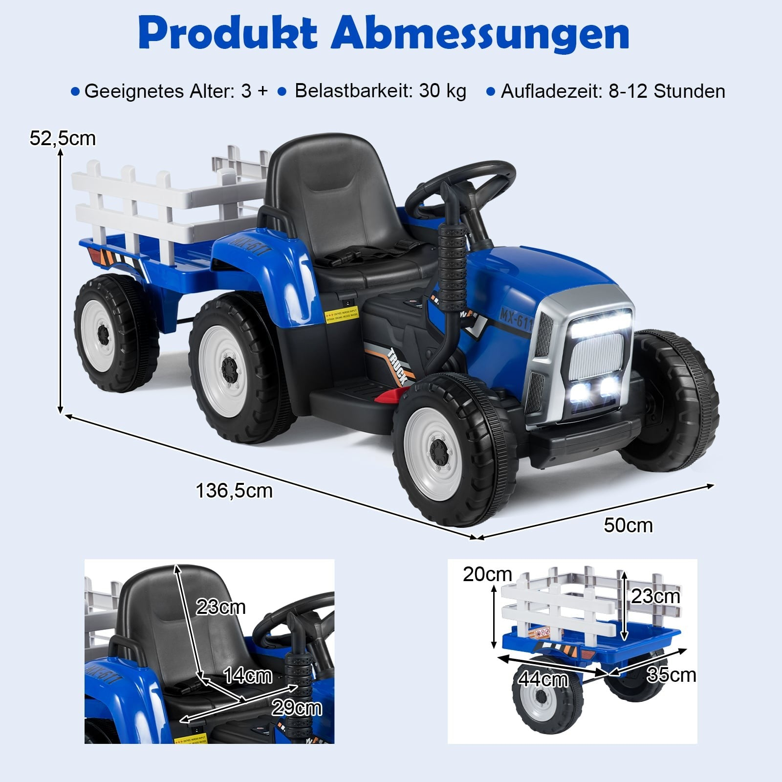 Tractor infantil azul con remolque, se muestran dimensiones.