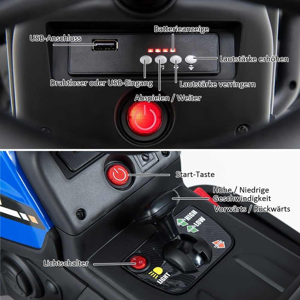 Panel de control con USB, indicador de batería, botones de volumen, reproducir/pausar, inicio y selector de marchas.