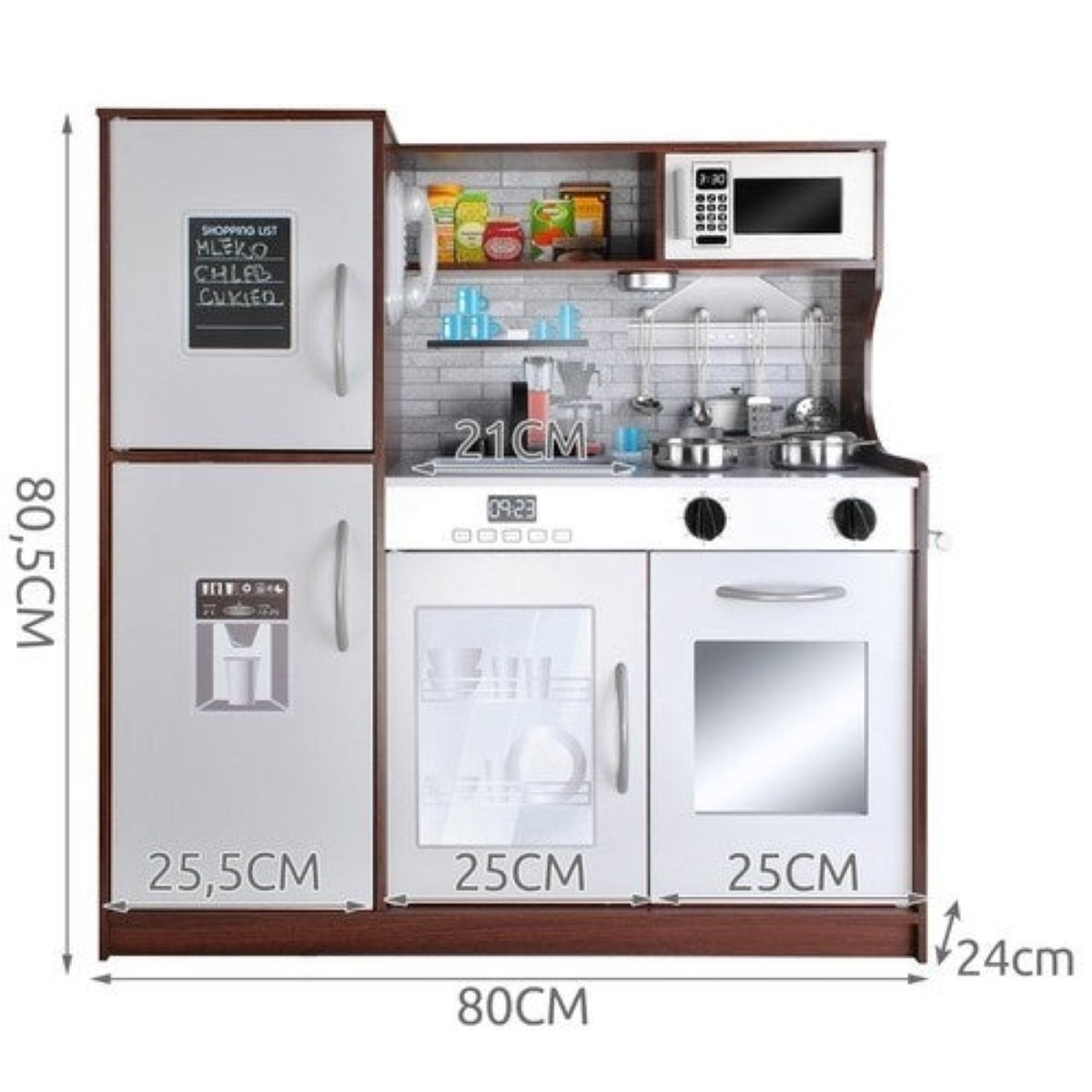 Un set de cocina de juguete con refrigerador, estufa, microondas y lavabo.