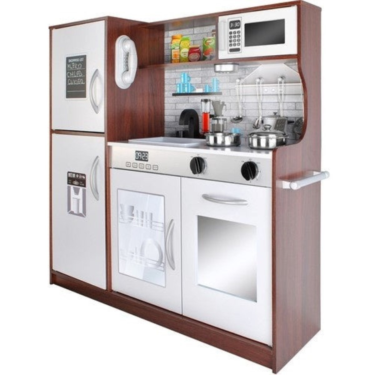 Cocina de juguete de madera con nevera, microondas, cocina, fregadero.