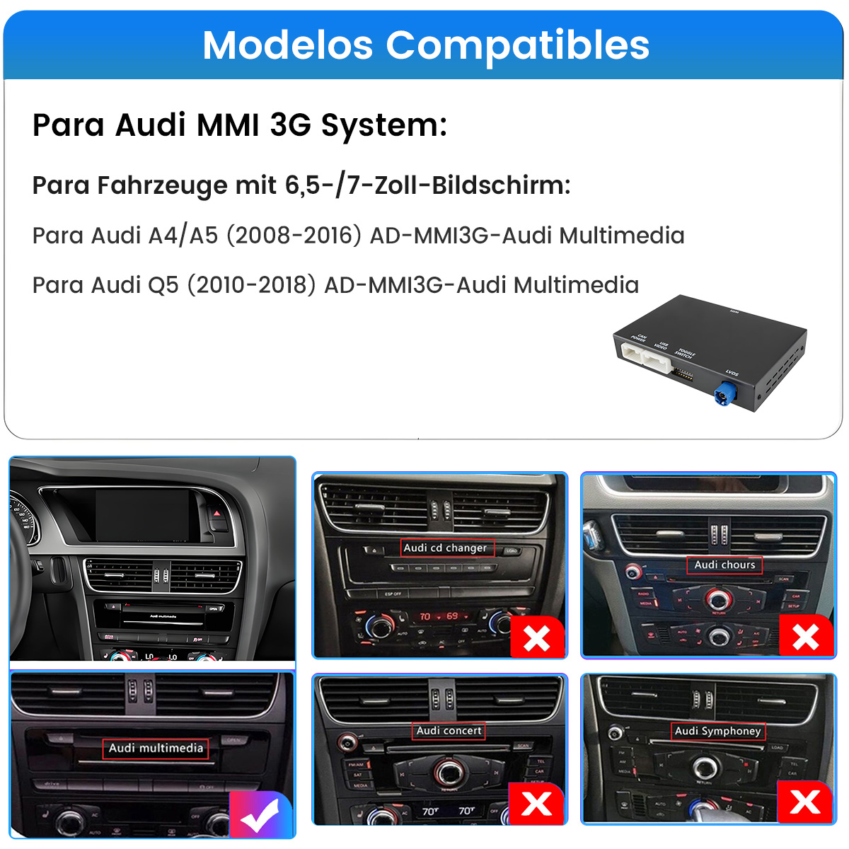Lista de compatibilidad del sistema Audi MMI 3G con interiores de coche y dispositivo.