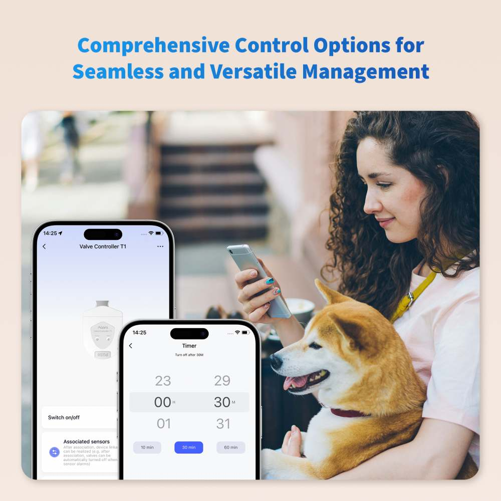 Kadın köpeğiyle telefon kullanıyor, vana kontrolü ve zamanlayıcı uygulaması.