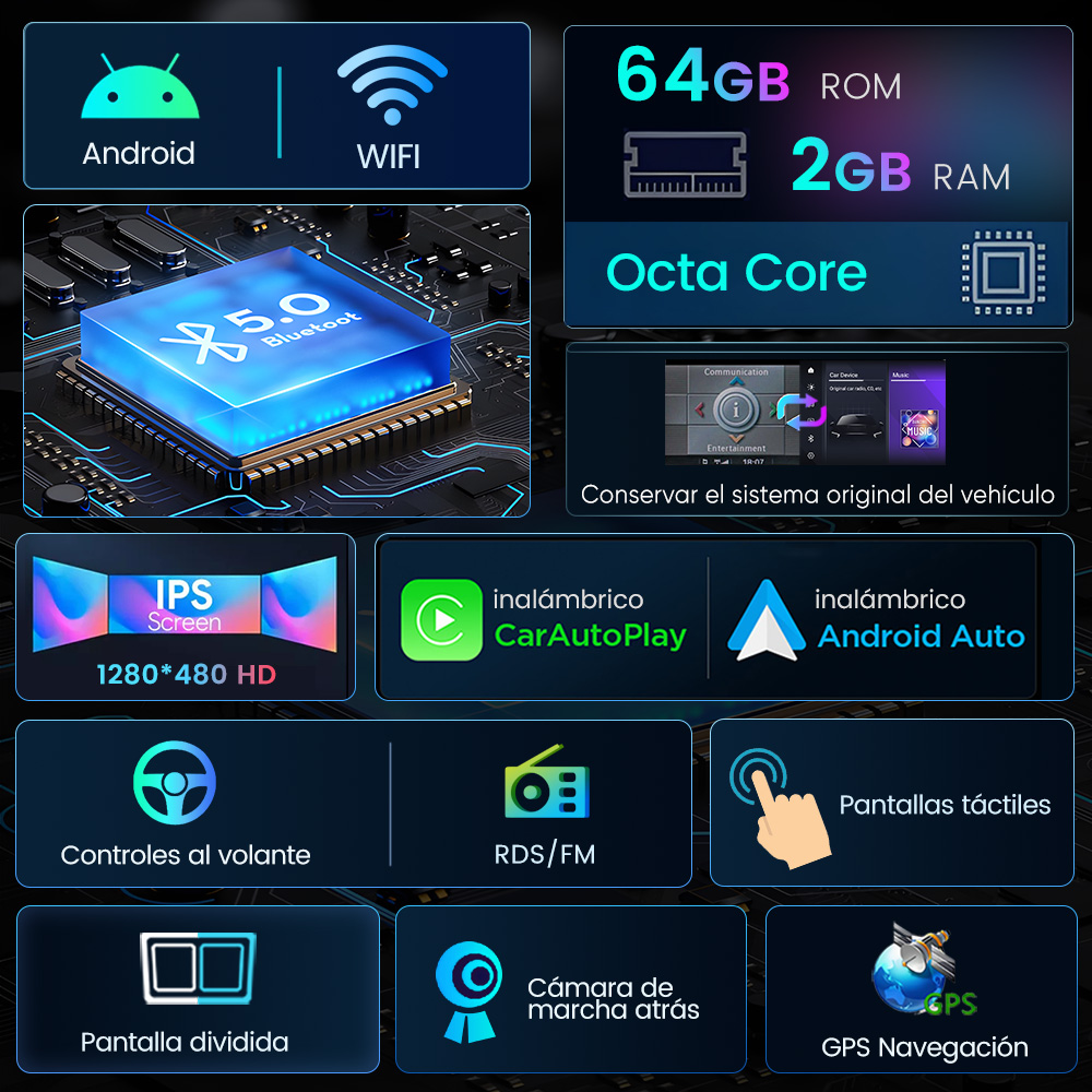 Diseño de infografía tecnológica con Android, WiFi, 64GB ROM, 2GB RAM, Octa Core, Pantalla IPS, CarAutoPlay, Android Auto, controles en volante, RDS/FM, pantallas táctiles, cámara trasera, pantalla dividida, GPS.