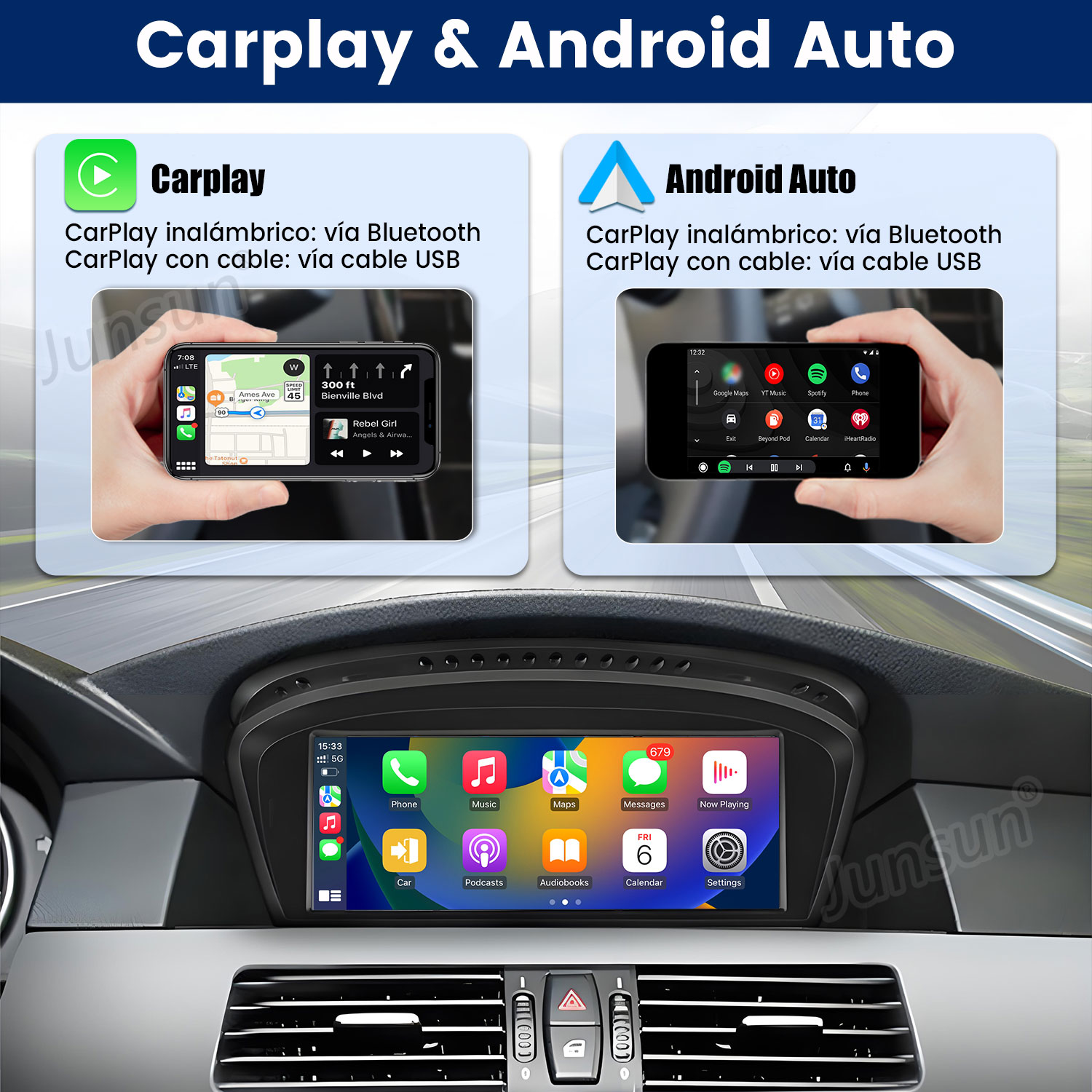 La pantalla muestra CarPlay y Android Auto con pantallas de móvil y infoentretenimiento.